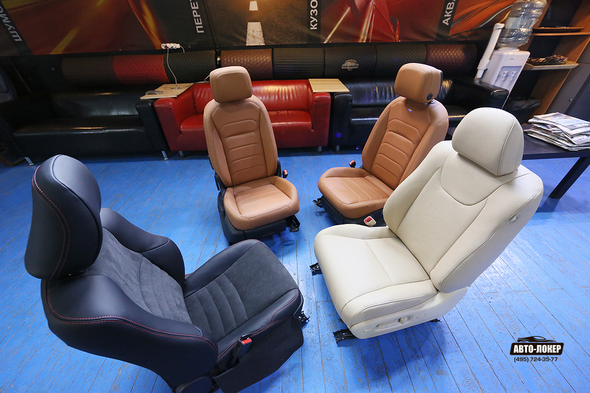 Наши работы по перетяжке салонов кожей не оставит никого равнодушными. На фото сидения Land Cruiser 150 (черное), VW Tiguan (рыжие) и Lexus RX (белое).