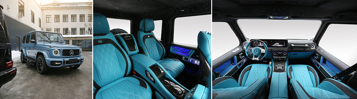 Перетяжка салона Gelandewagen голубой кожей Dubai Pearl Перетяжка салона Gelandewagen голубой кожей Dubai Pearl